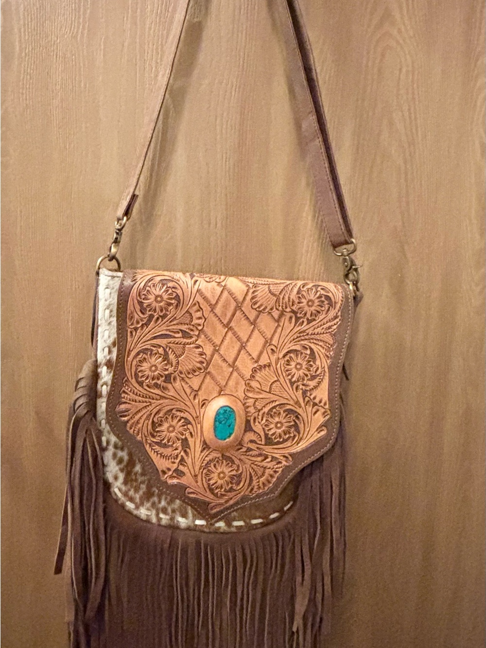 American Darling Brown Tooled Leather Fringe Shoulder Bag with Turquoise Accent